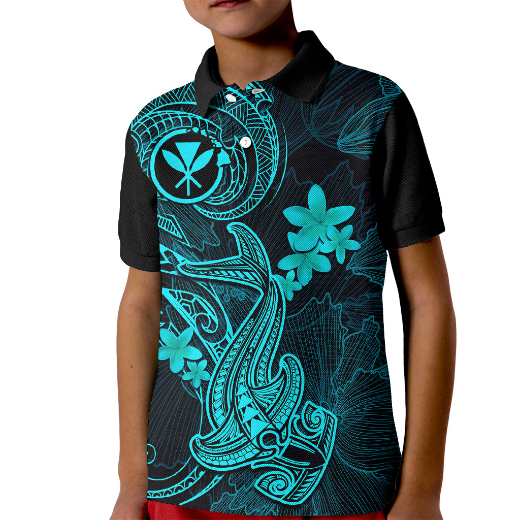 Hawaii Kid Polo Shirt Hammerhead Shark Tattoo Mix Polynesian Plumeria Turquoise Version LT14 Kid Turquoise - Polynesian Pride