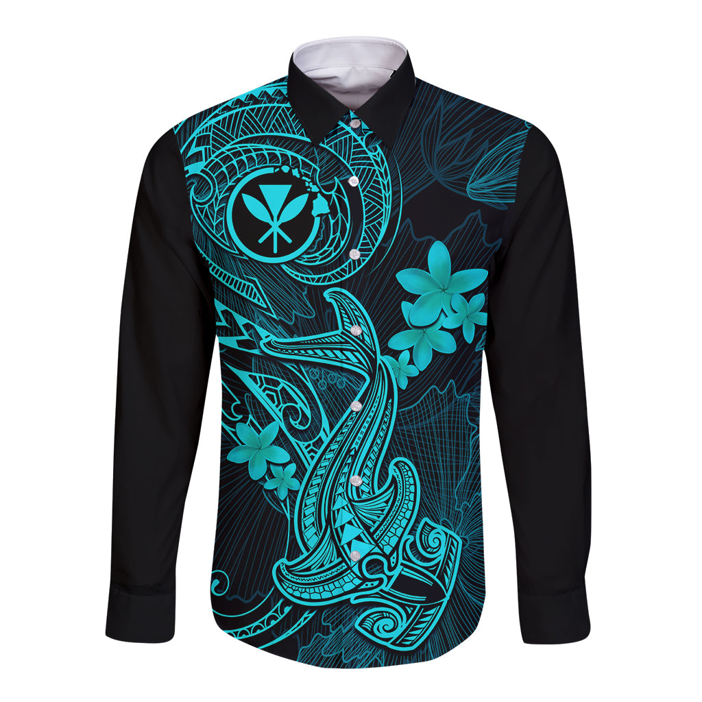 hawaii-long-sleeve-button-shirt-hammerhead-shark-tattoo-mix-polynesian-plumeria-turquoise-version