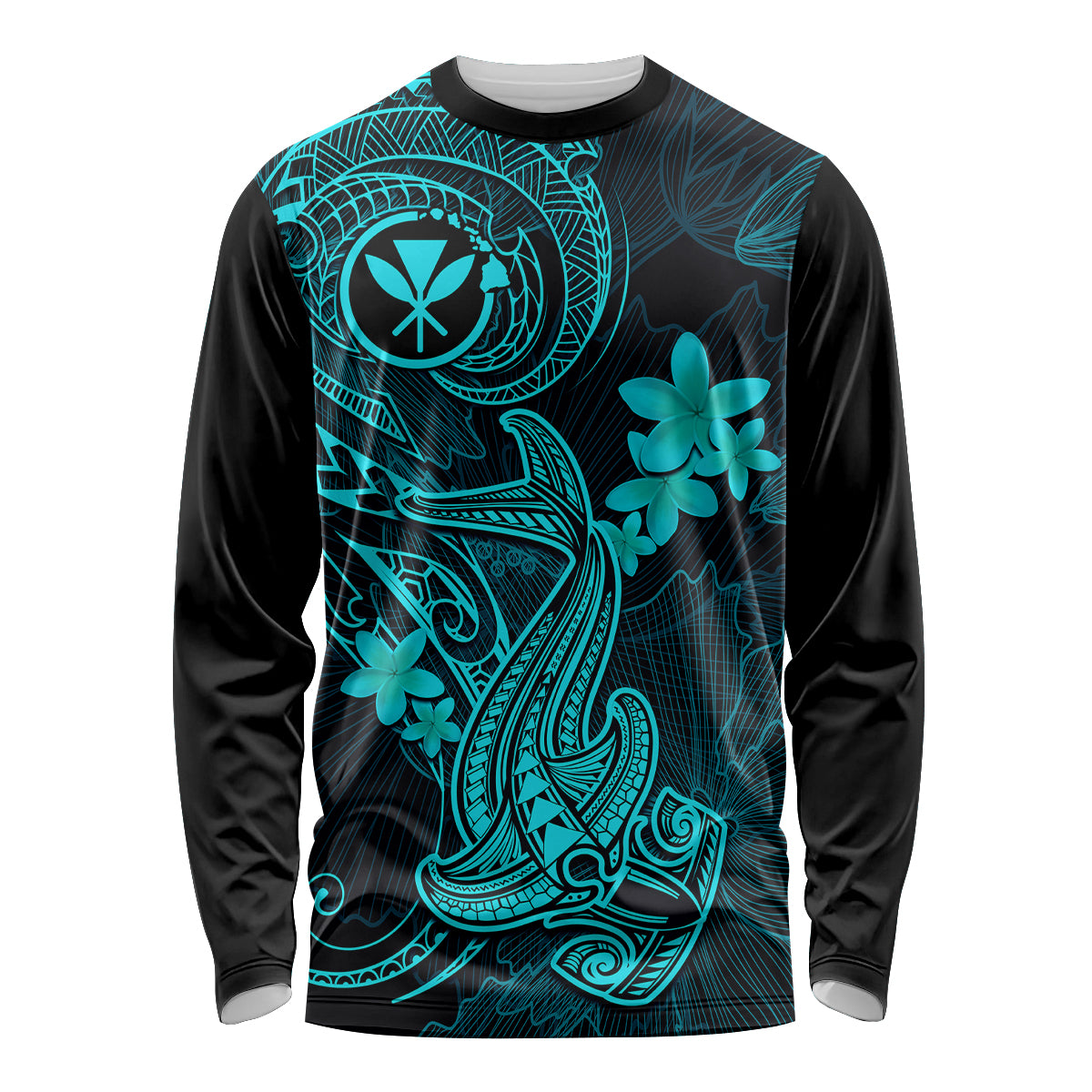 Hawaii Long Sleeve Shirt Hammerhead Shark Tattoo Mix Polynesian Plumeria Turquoise Version LT14 Unisex Turquoise - Polynesian Pride