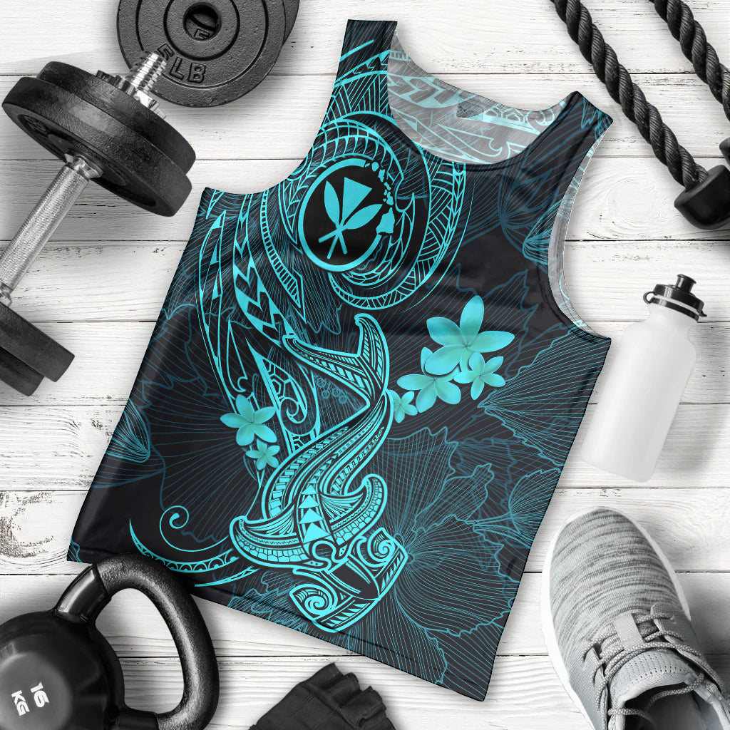 Hawaii Men Tank Top Hammerhead Shark Tattoo Mix Polynesian Plumeria Turquoise Version LT14 Turquoise - Polynesian Pride