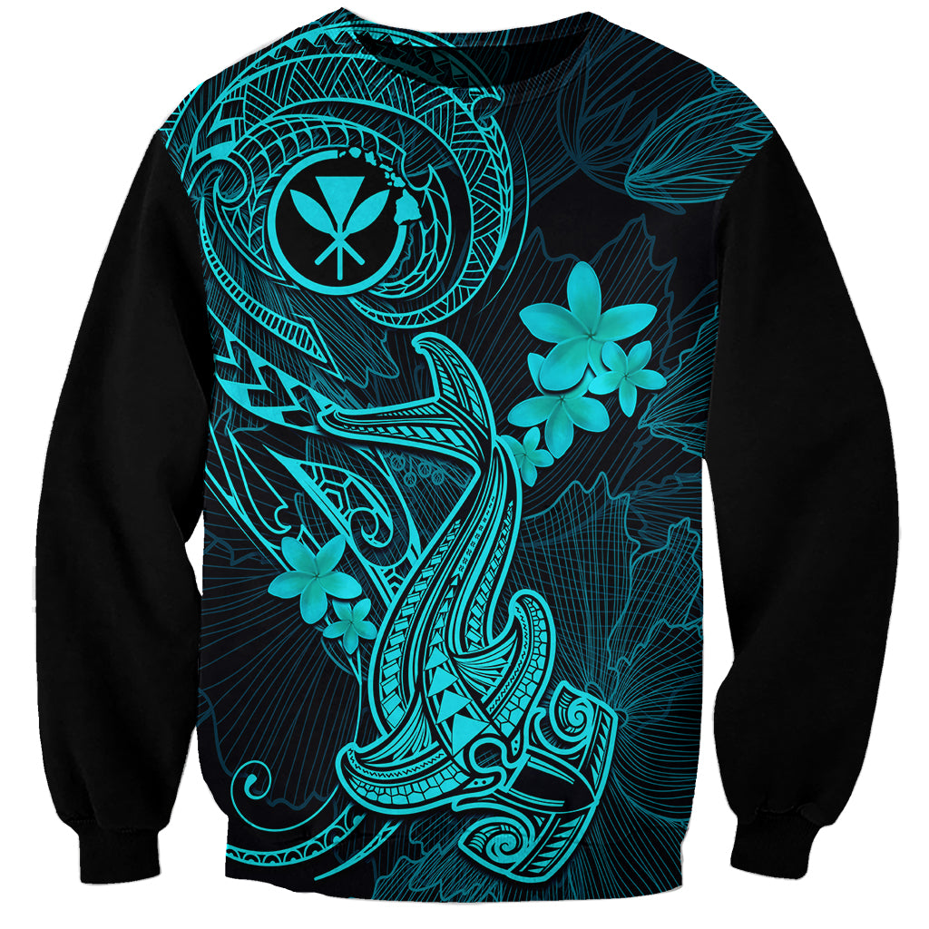 Hawaii Sweatshirt Hammerhead Shark Tattoo Mix Polynesian Plumeria Turquoise Version LT14 Unisex Turquoise - Polynesian Pride