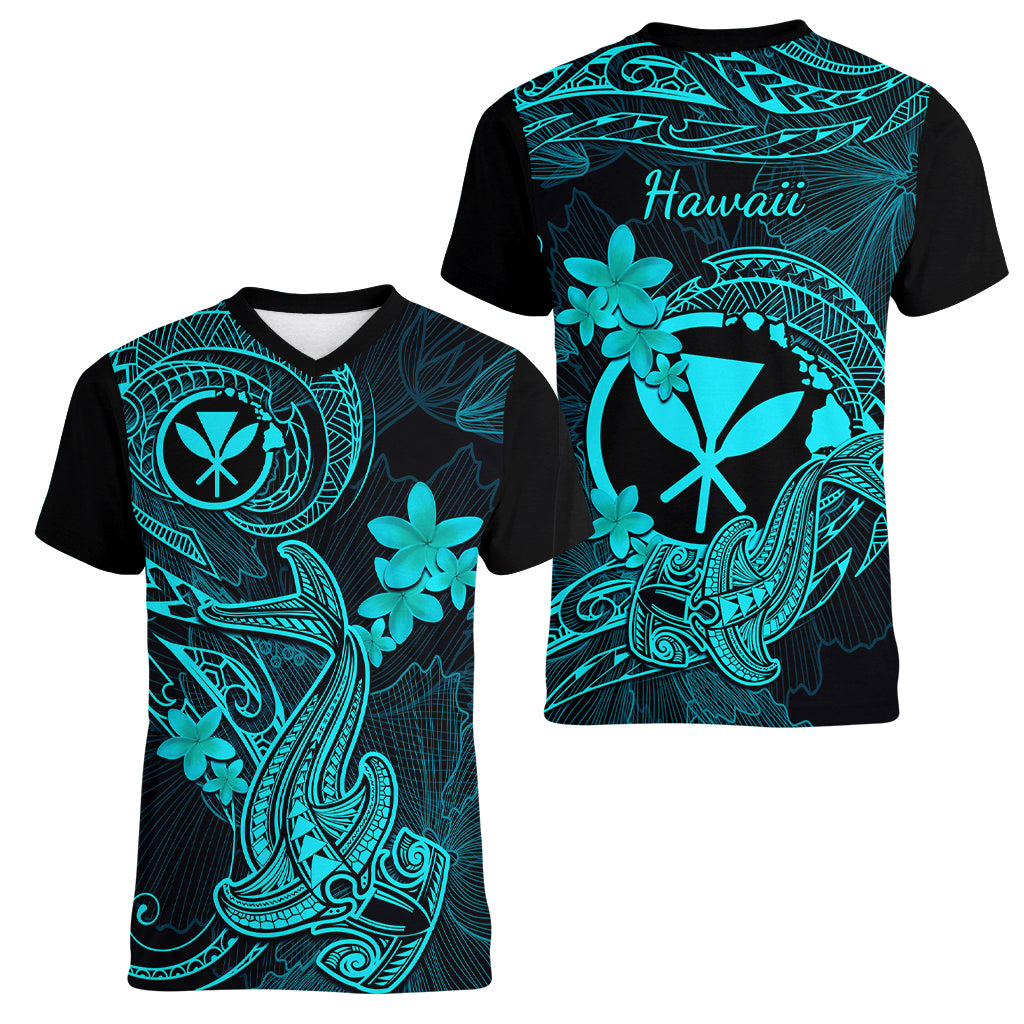 hawaii-women-v-neck-t-shirt-hammerhead-shark-tattoo-mix-polynesian-plumeria-turquoise-version
