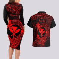Hawaii Couples Matching Long Sleeve Bodycon Dress and Hawaiian Shirt Hammerhead Shark Tattoo Mix Polynesian Plumeria Red Version LT14 - Polynesian Pride