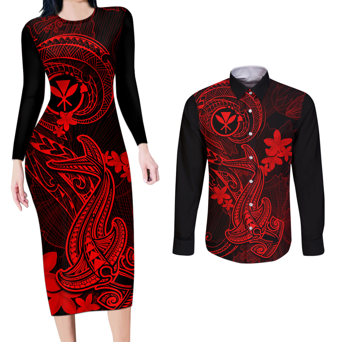 Hawaii Couples Matching Long Sleeve Bodycon Dress and Long Sleeve Button Shirts Hammerhead Shark Tattoo Mix Polynesian Plumeria Red Version LT14 Red - Polynesian Pride