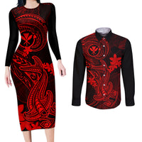 Hawaii Couples Matching Long Sleeve Bodycon Dress and Long Sleeve Button Shirts Hammerhead Shark Tattoo Mix Polynesian Plumeria Red Version LT14 Red - Polynesian Pride