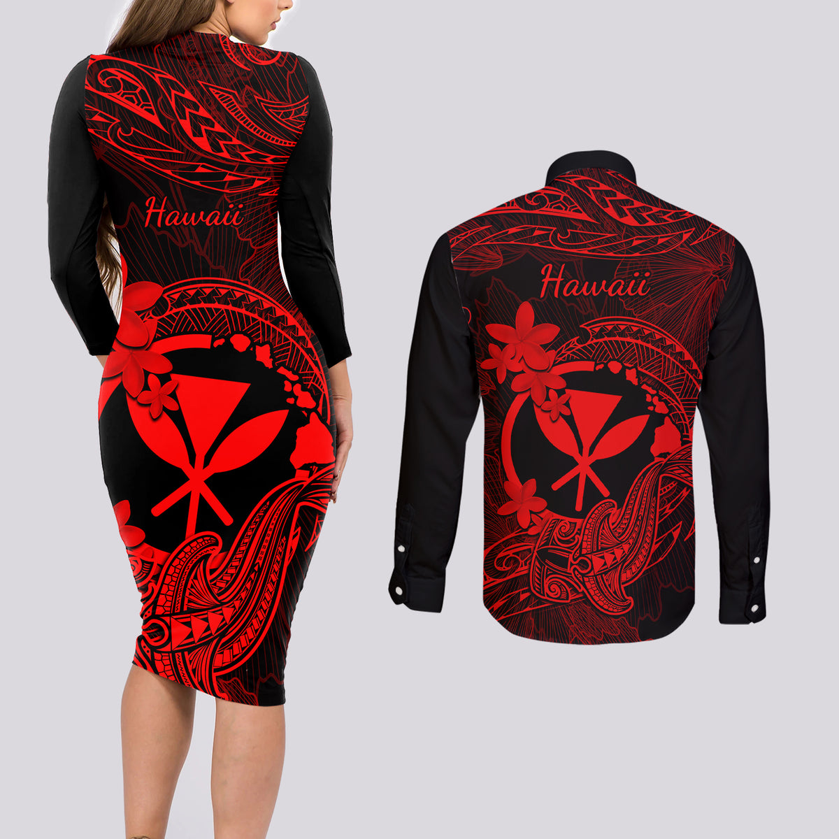 Hawaii Couples Matching Long Sleeve Bodycon Dress and Long Sleeve Button Shirts Hammerhead Shark Tattoo Mix Polynesian Plumeria Red Version LT14 - Polynesian Pride