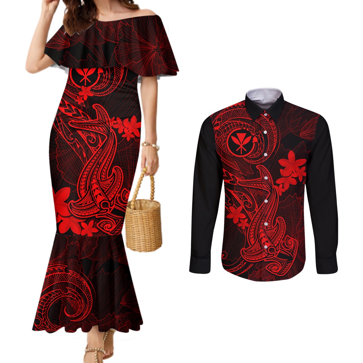 Hawaii Couples Matching Mermaid Dress and Long Sleeve Button Shirts Hammerhead Shark Tattoo Mix Polynesian Plumeria Red Version LT14 Red - Polynesian Pride