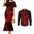 hawaii-couples-matching-mermaid-dress-and-long-sleeve-button-shirts-hammerhead-shark-tattoo-mix-polynesian-plumeria-red-version