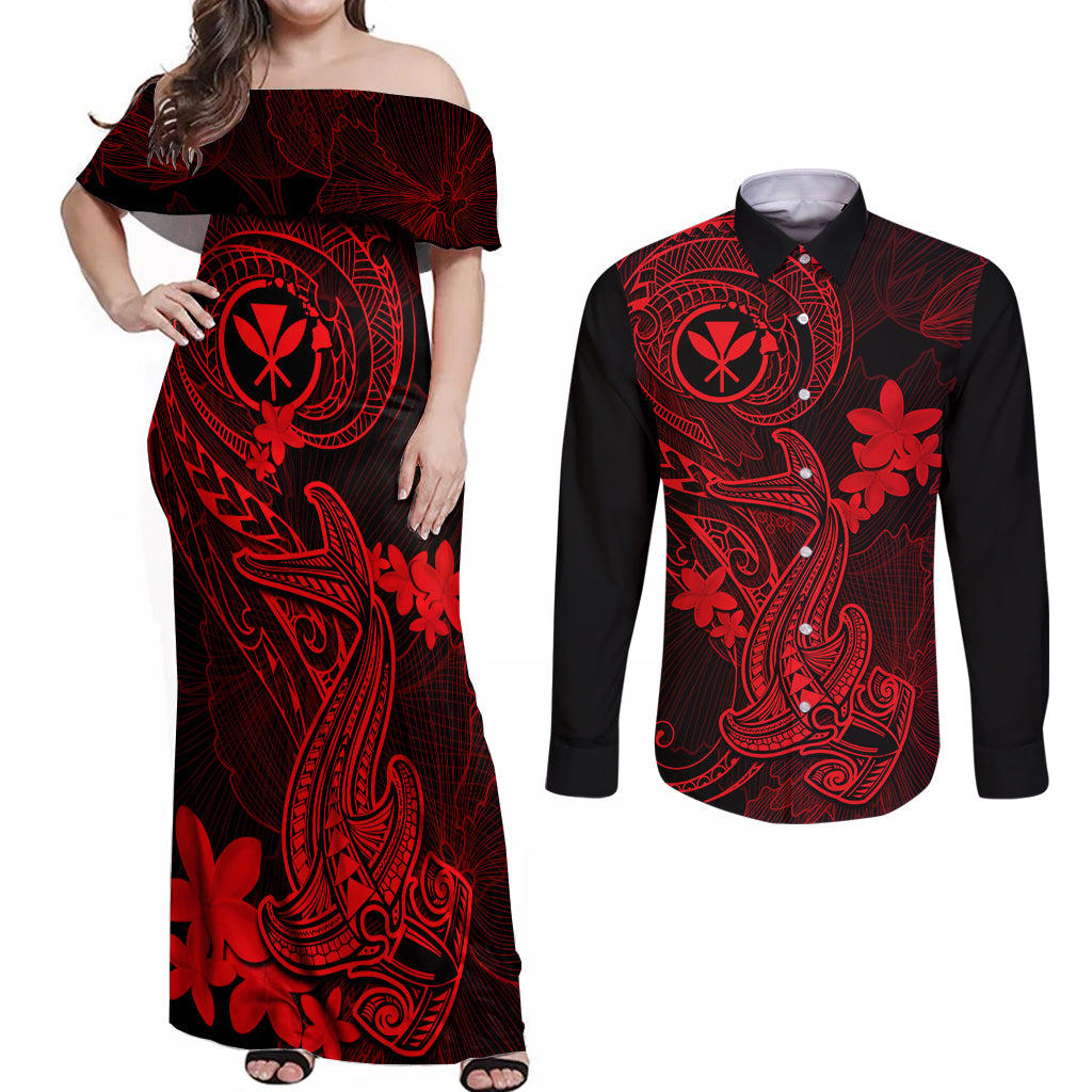hawaii-couples-matching-off-shoulder-maxi-dress-and-long-sleeve-button-shirts-hammerhead-shark-tattoo-mix-polynesian-plumeria-red-version