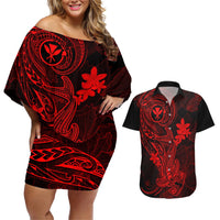 Hawaii Couples Matching Off Shoulder Short Dress and Hawaiian Shirt Hammerhead Shark Tattoo Mix Polynesian Plumeria Red Version LT14 Red - Polynesian Pride