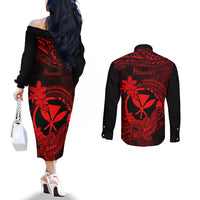 hawaii-couples-matching-off-the-shoulder-long-sleeve-dress-and-long-sleeve-button-shirts-hammerhead-shark-tattoo-mix-polynesian-plumeria-red-version