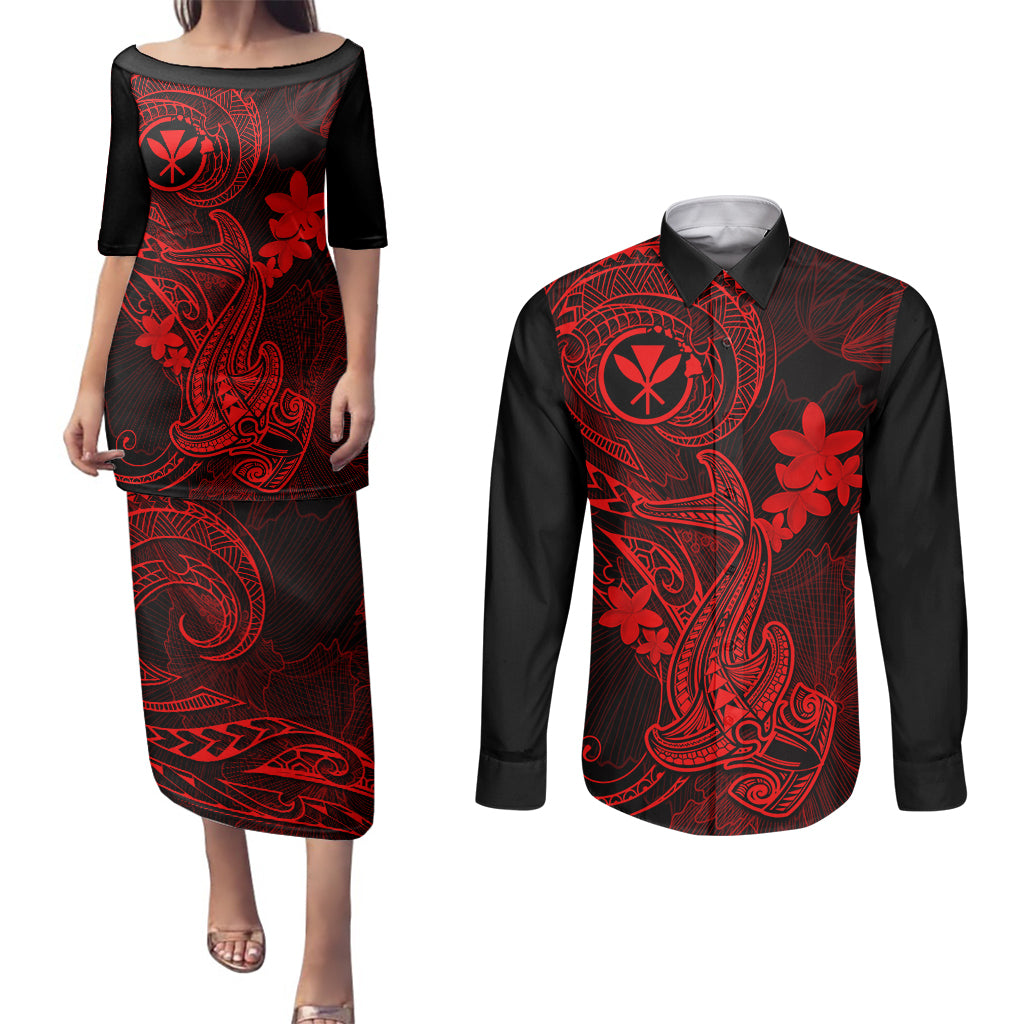 hawaii-couples-matching-puletasi-dress-and-long-sleeve-button-shirts-hammerhead-shark-tattoo-mix-polynesian-plumeria-red-version