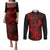 hawaii-couples-matching-puletasi-dress-and-long-sleeve-button-shirts-hammerhead-shark-tattoo-mix-polynesian-plumeria-red-version