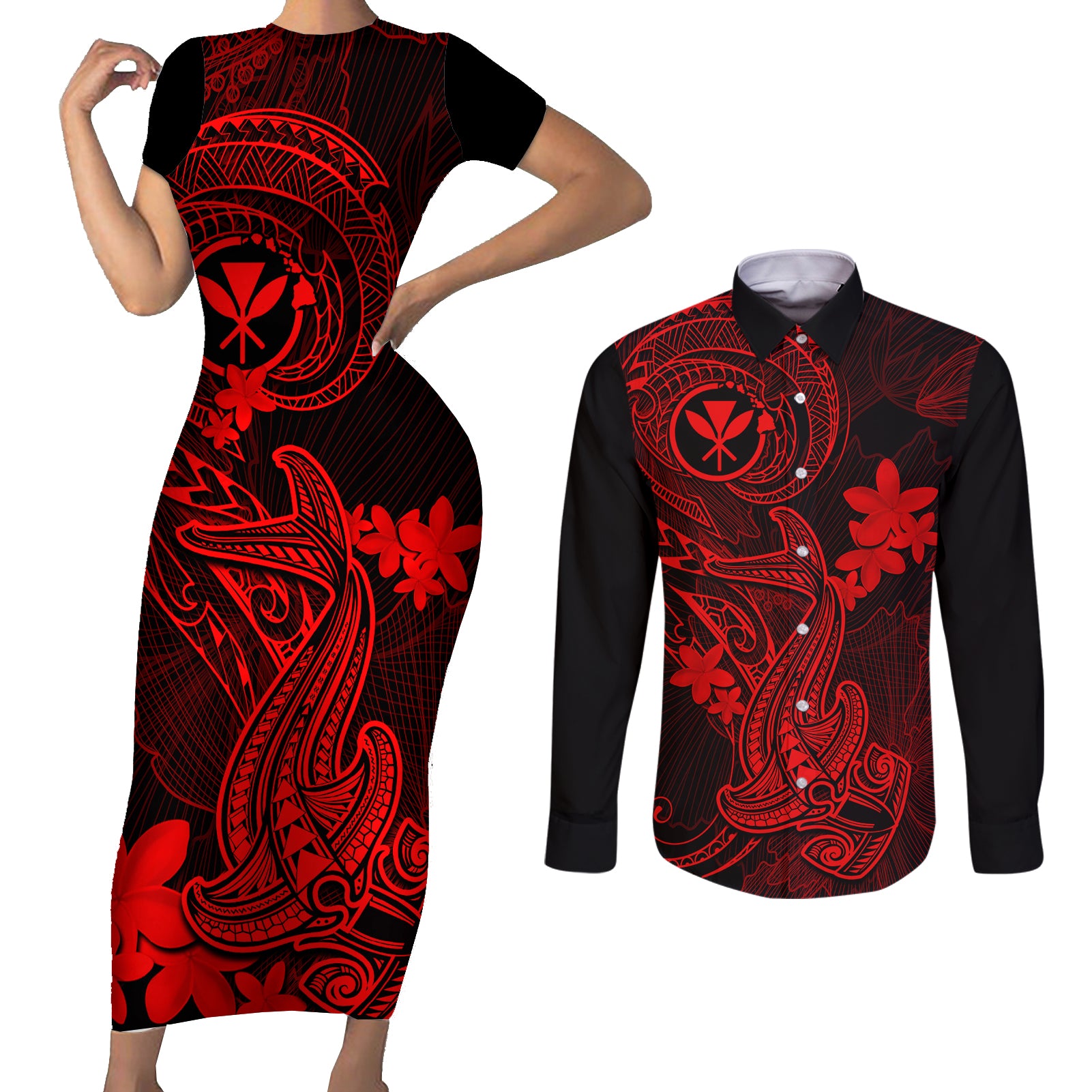 hawaii-couples-matching-short-sleeve-bodycon-dress-and-long-sleeve-button-shirts-hammerhead-shark-tattoo-mix-polynesian-plumeria-red-version