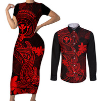 Hawaii Couples Matching Short Sleeve Bodycon Dress and Long Sleeve Button Shirts Hammerhead Shark Tattoo Mix Polynesian Plumeria Red Version LT14 Red - Polynesian Pride