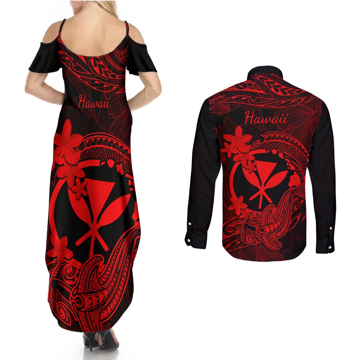 Hawaii Couples Matching Summer Maxi Dress and Long Sleeve Button Shirts Hammerhead Shark Tattoo Mix Polynesian Plumeria Red Version LT14 - Polynesian Pride
