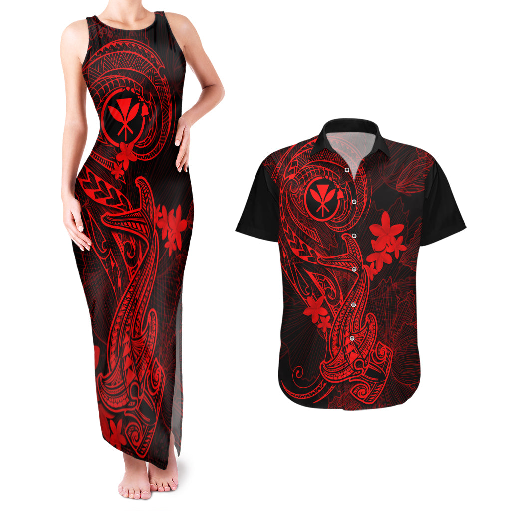 hawaii-couples-matching-tank-maxi-dress-and-hawaiian-shirt-hammerhead-shark-tattoo-mix-polynesian-plumeria-red-version