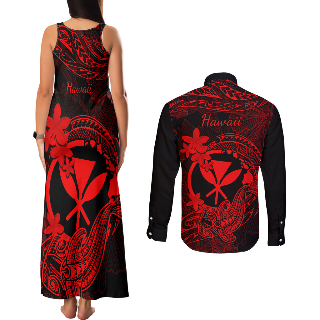 Hawaii Couples Matching Tank Maxi Dress and Long Sleeve Button Shirts Hammerhead Shark Tattoo Mix Polynesian Plumeria Red Version LT14 - Polynesian Pride