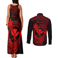 Hawaii Couples Matching Tank Maxi Dress and Long Sleeve Button Shirts Hammerhead Shark Tattoo Mix Polynesian Plumeria Red Version LT14 - Polynesian Pride