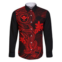 hawaii-family-matching-mermaid-dress-and-hawaiian-shirt-hammerhead-shark-tattoo-mix-polynesian-plumeria-red-version