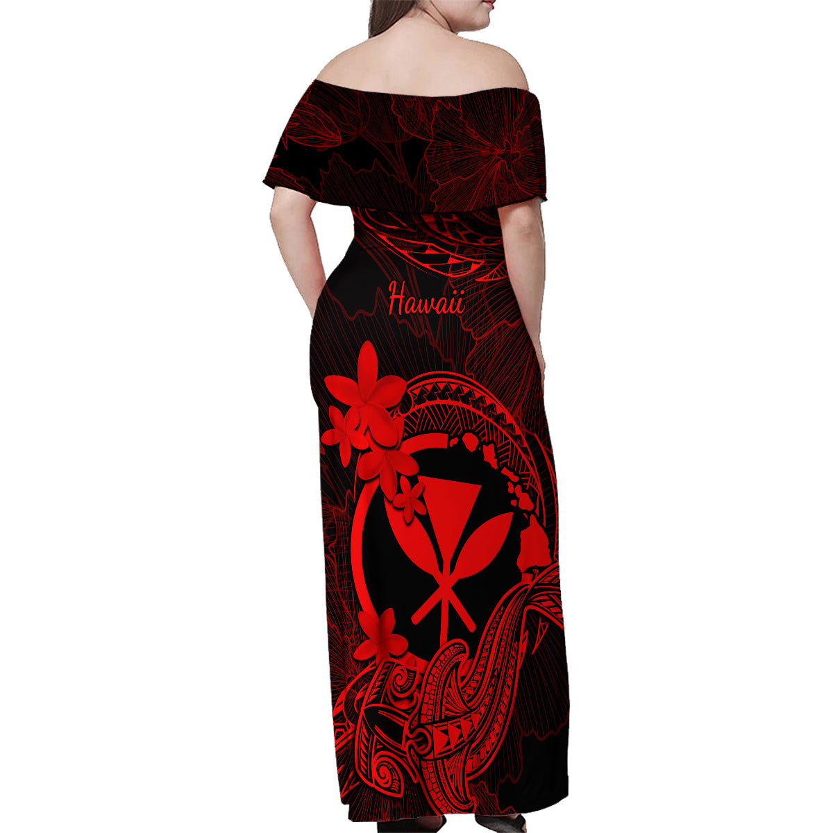 hawaii-family-matching-off-shoulder-maxi-dress-and-hawaiian-shirt-hammerhead-shark-tattoo-mix-polynesian-plumeria-red-version