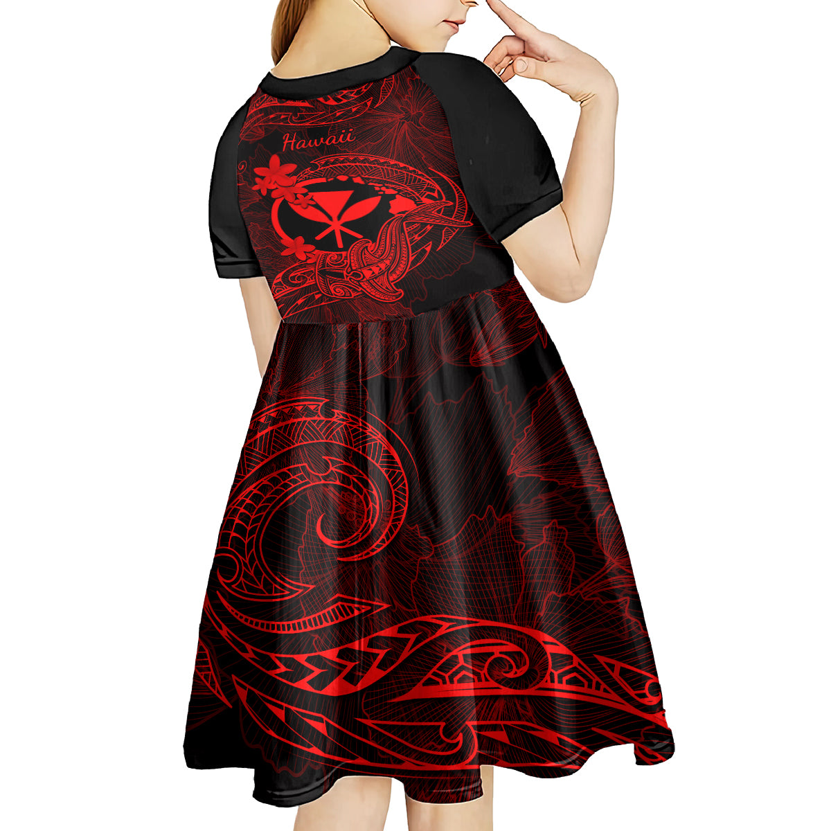 hawaii-kid-short-sleeve-dress-hammerhead-shark-tattoo-mix-polynesian-plumeria-red-version