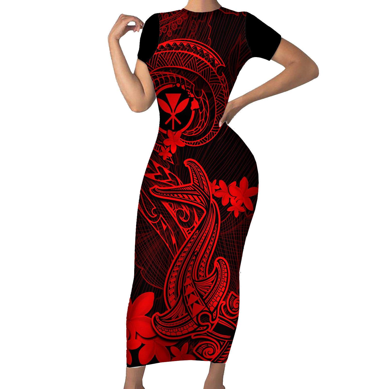 hawaii-short-sleeve-bodycon-dress-hammerhead-shark-tattoo-mix-polynesian-plumeria-red-version