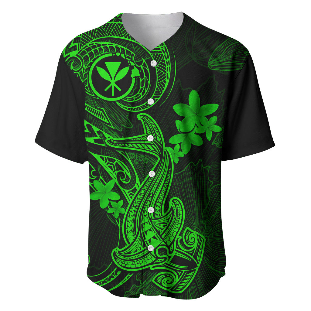 Hawaii Baseball Jersey Hammerhead Shark Tattoo Mix Polynesian Plumeria Green Version LT14 Green - Polynesian Pride