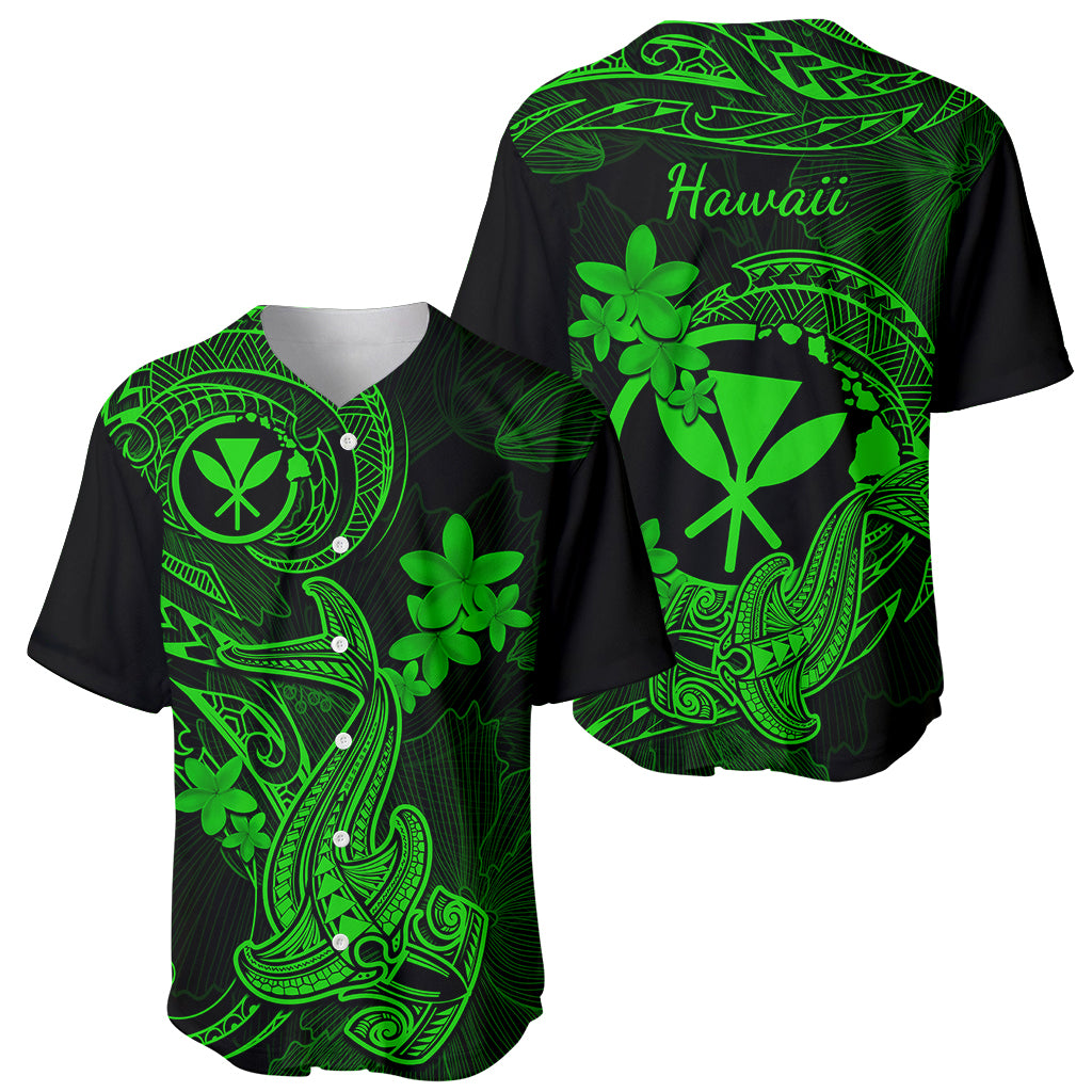 Hawaii Baseball Jersey Hammerhead Shark Tattoo Mix Polynesian Plumeria Green Version LT14 - Polynesian Pride