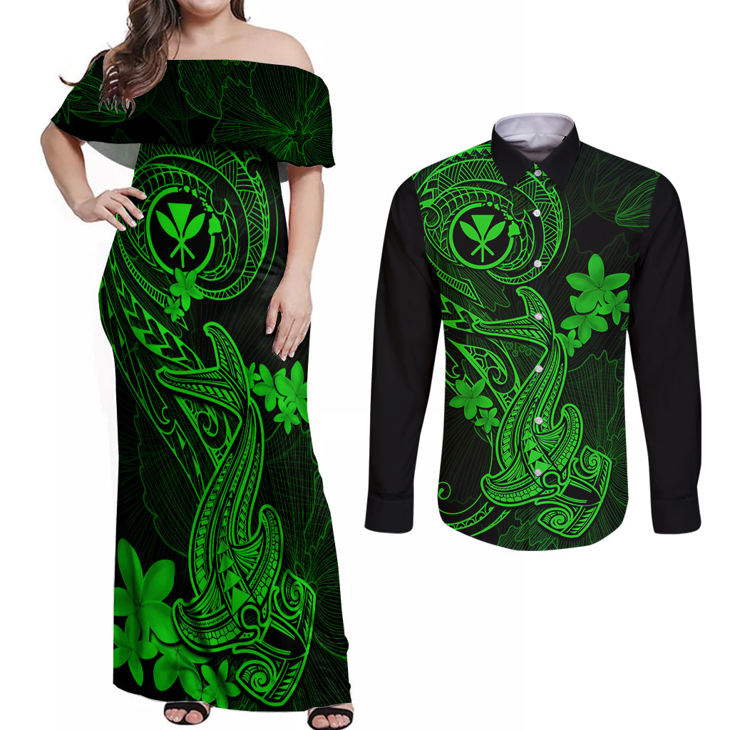 hawaii-couples-matching-off-shoulder-maxi-dress-and-long-sleeve-button-shirts-hammerhead-shark-tattoo-mix-polynesian-plumeria-green-version