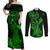 hawaii-couples-matching-off-shoulder-maxi-dress-and-long-sleeve-button-shirts-hammerhead-shark-tattoo-mix-polynesian-plumeria-green-version