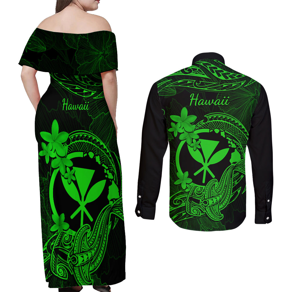 hawaii-couples-matching-off-shoulder-maxi-dress-and-long-sleeve-button-shirts-hammerhead-shark-tattoo-mix-polynesian-plumeria-green-version