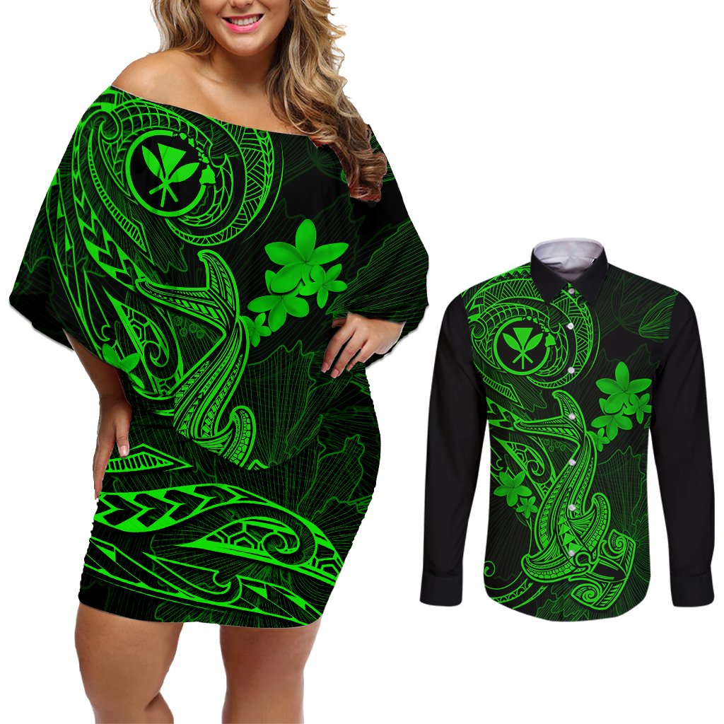 Hawaii Couples Matching Off Shoulder Short Dress and Long Sleeve Button Shirts Hammerhead Shark Tattoo Mix Polynesian Plumeria Green Version LT14 Green - Polynesian Pride
