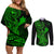 hawaii-couples-matching-off-shoulder-short-dress-and-long-sleeve-button-shirts-hammerhead-shark-tattoo-mix-polynesian-plumeria-green-version