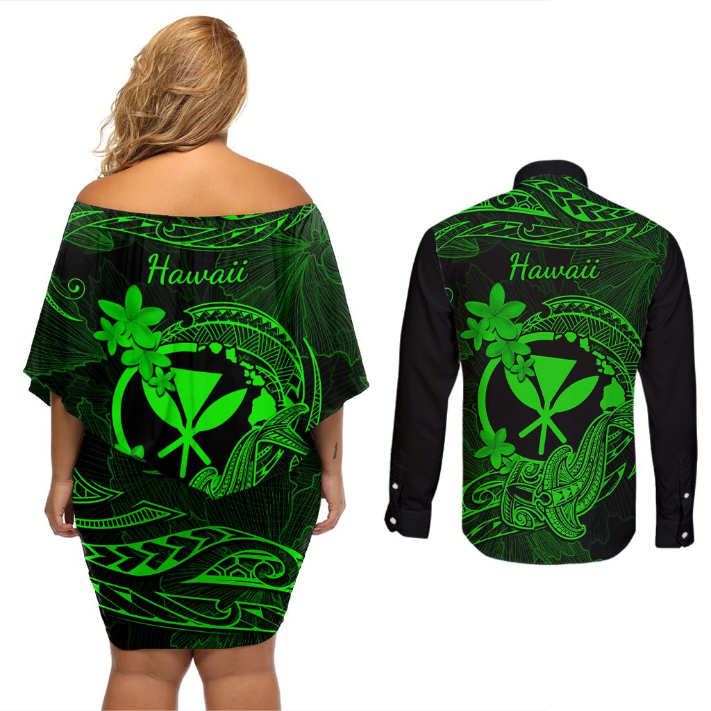 Hawaii Couples Matching Off Shoulder Short Dress and Long Sleeve Button Shirts Hammerhead Shark Tattoo Mix Polynesian Plumeria Green Version LT14 - Polynesian Pride