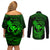 hawaii-couples-matching-off-shoulder-short-dress-and-long-sleeve-button-shirts-hammerhead-shark-tattoo-mix-polynesian-plumeria-green-version