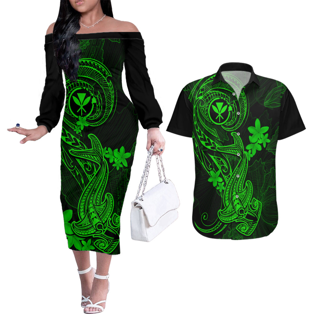 hawaii-couples-matching-off-the-shoulder-long-sleeve-dress-and-hawaiian-shirt-hammerhead-shark-tattoo-mix-polynesian-plumeria-green-version