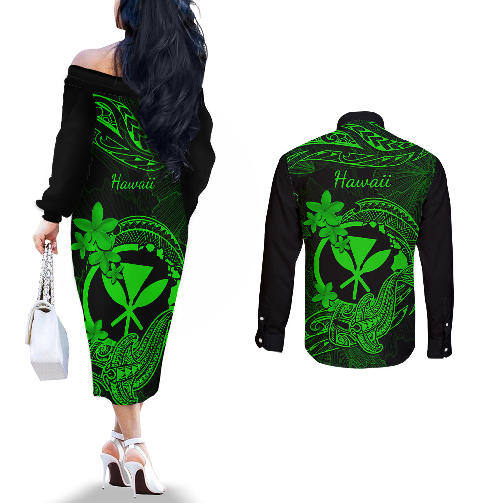 Hawaii Couples Matching Off The Shoulder Long Sleeve Dress and Long Sleeve Button Shirts Hammerhead Shark Tattoo Mix Polynesian Plumeria Green Version LT14 - Polynesian Pride