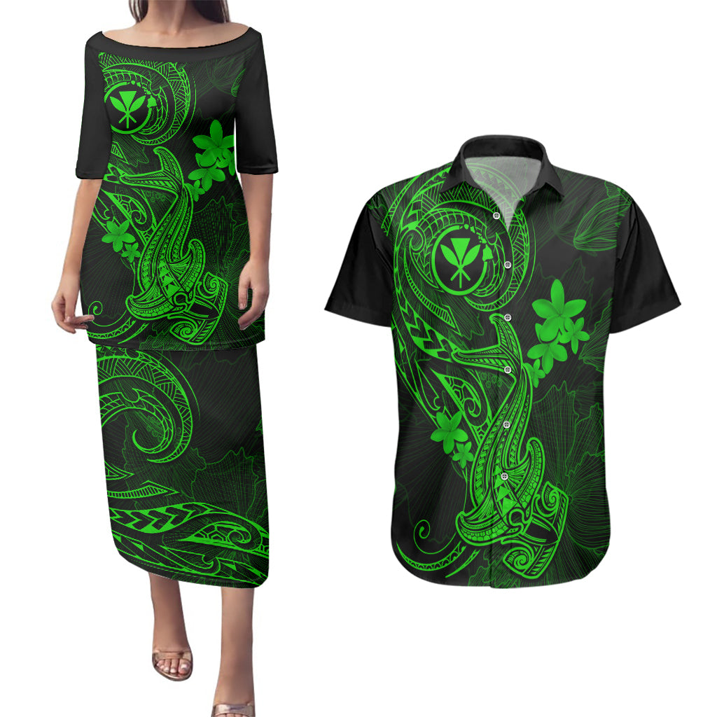 hawaii-couples-matching-puletasi-dress-and-hawaiian-shirt-hammerhead-shark-tattoo-mix-polynesian-plumeria-green-version