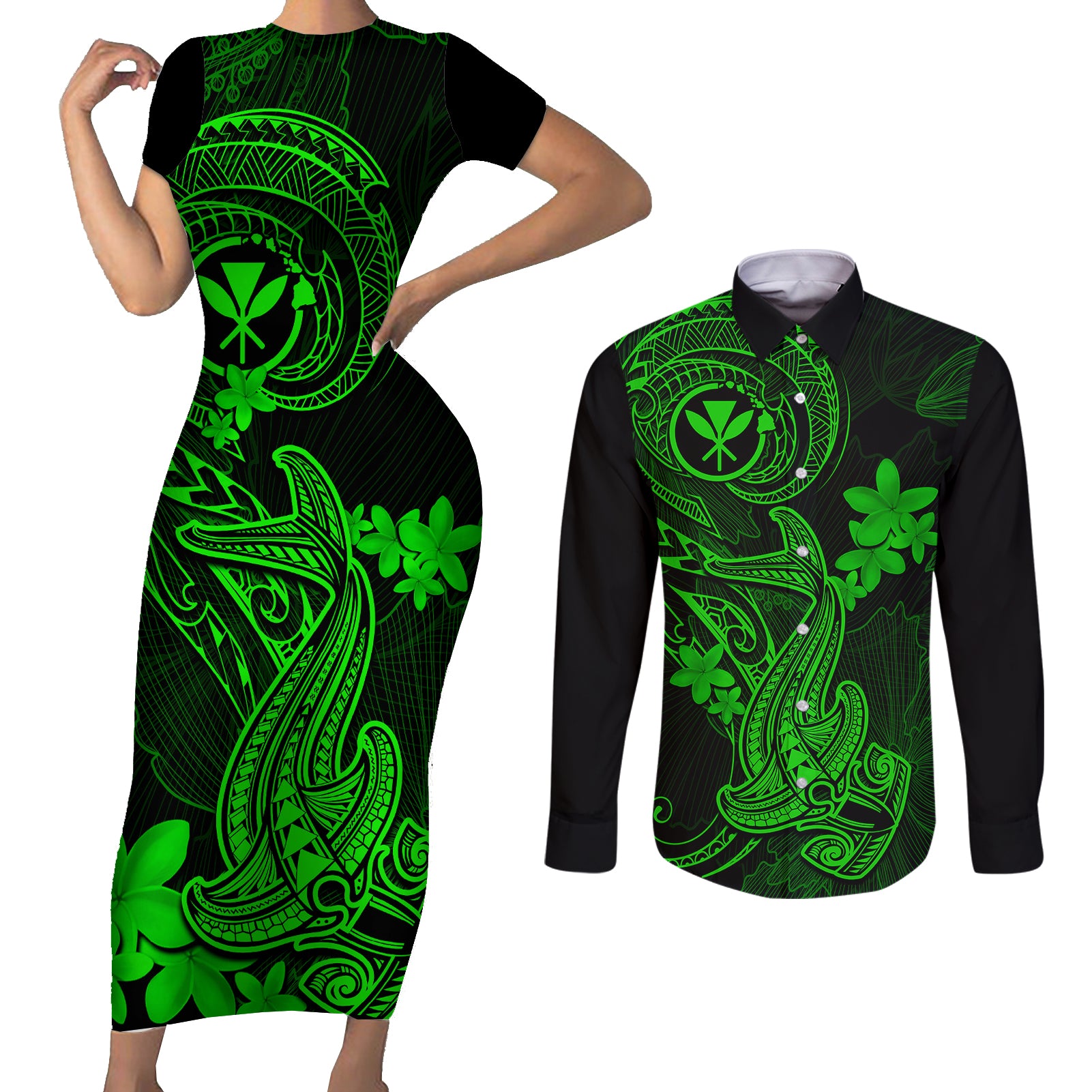 hawaii-couples-matching-short-sleeve-bodycon-dress-and-long-sleeve-button-shirts-hammerhead-shark-tattoo-mix-polynesian-plumeria-green-version
