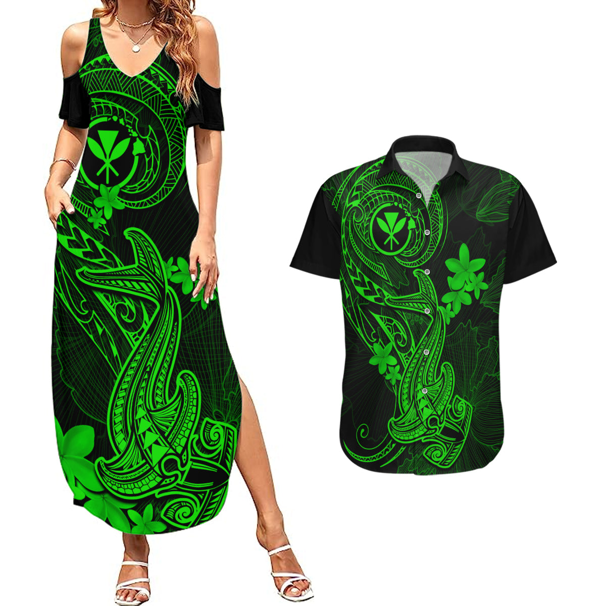 hawaii-couples-matching-summer-maxi-dress-and-hawaiian-shirt-hammerhead-shark-tattoo-mix-polynesian-plumeria-green-version