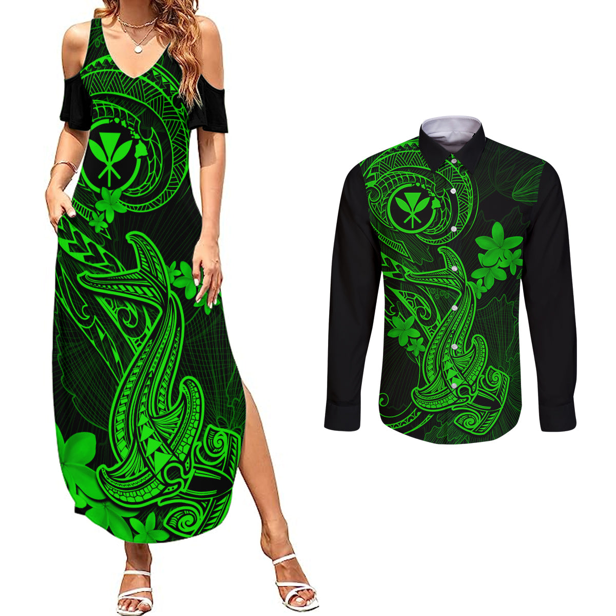 hawaii-couples-matching-summer-maxi-dress-and-long-sleeve-button-shirts-hammerhead-shark-tattoo-mix-polynesian-plumeria-green-version