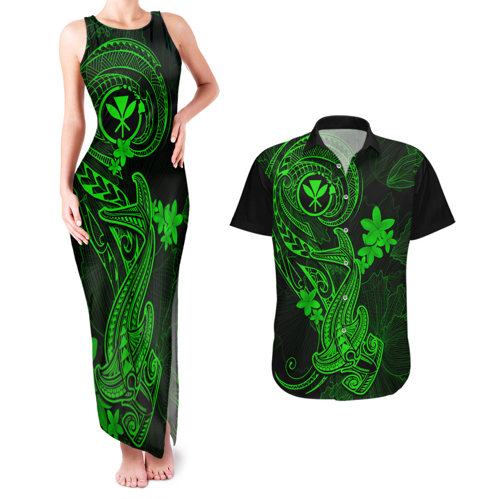 hawaii-couples-matching-tank-maxi-dress-and-hawaiian-shirt-hammerhead-shark-tattoo-mix-polynesian-plumeria-green-version