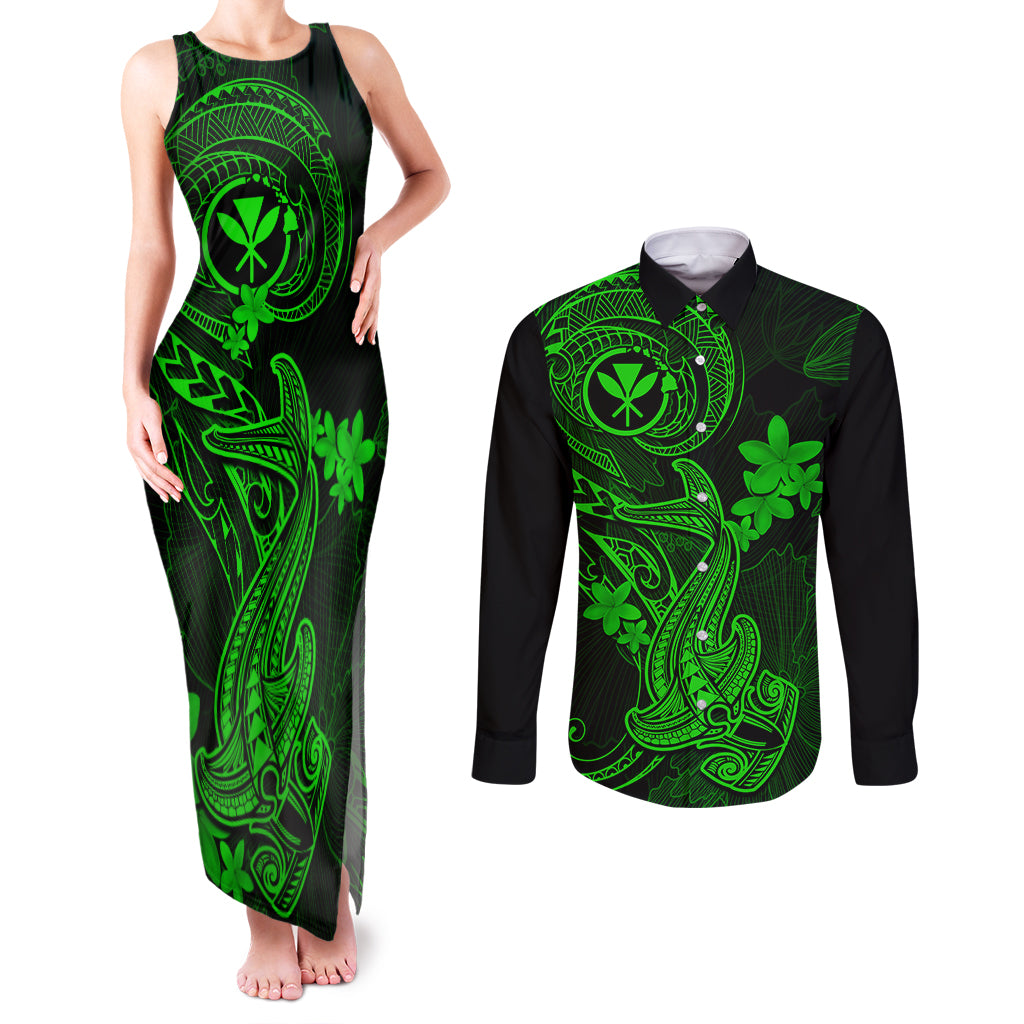 hawaii-couples-matching-tank-maxi-dress-and-long-sleeve-button-shirts-hammerhead-shark-tattoo-mix-polynesian-plumeria-green-version