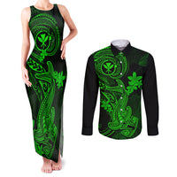 Hawaii Couples Matching Tank Maxi Dress and Long Sleeve Button Shirts Hammerhead Shark Tattoo Mix Polynesian Plumeria Green Version LT14 Green - Polynesian Pride