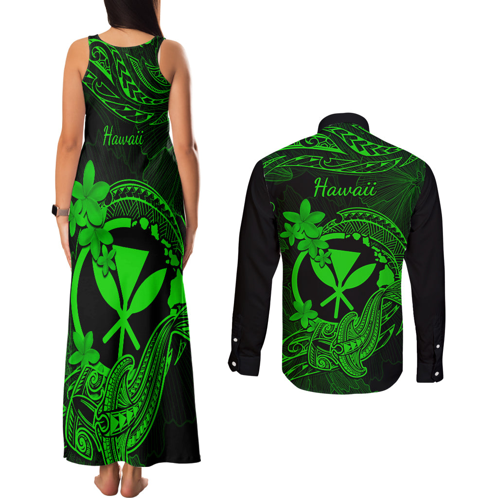 Hawaii Couples Matching Tank Maxi Dress and Long Sleeve Button Shirts Hammerhead Shark Tattoo Mix Polynesian Plumeria Green Version LT14 - Polynesian Pride