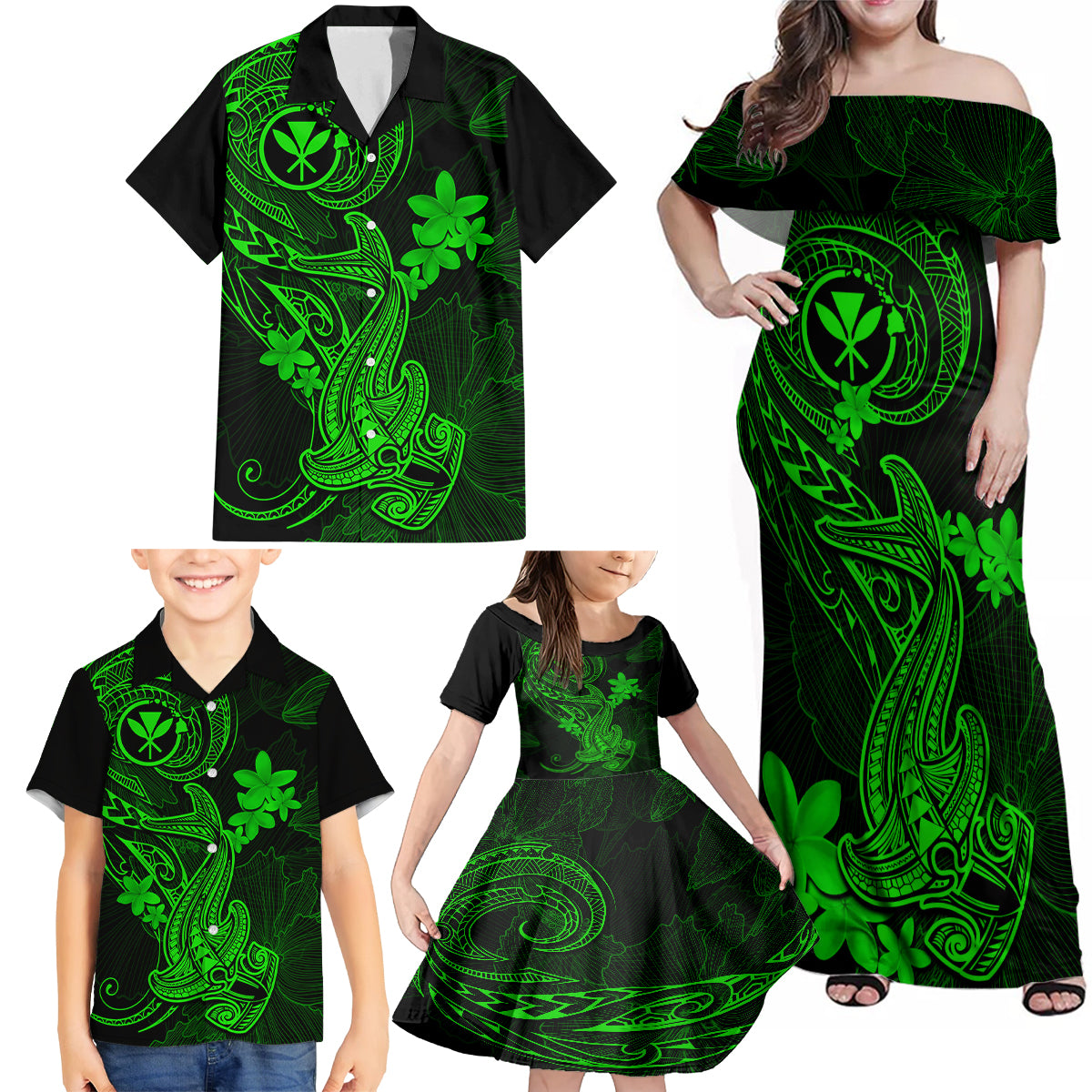 Hawaii Family Matching Off Shoulder Maxi Dress and Hawaiian Shirt Hammerhead Shark Tattoo Mix Polynesian Plumeria Green Version LT14 - Polynesian Pride