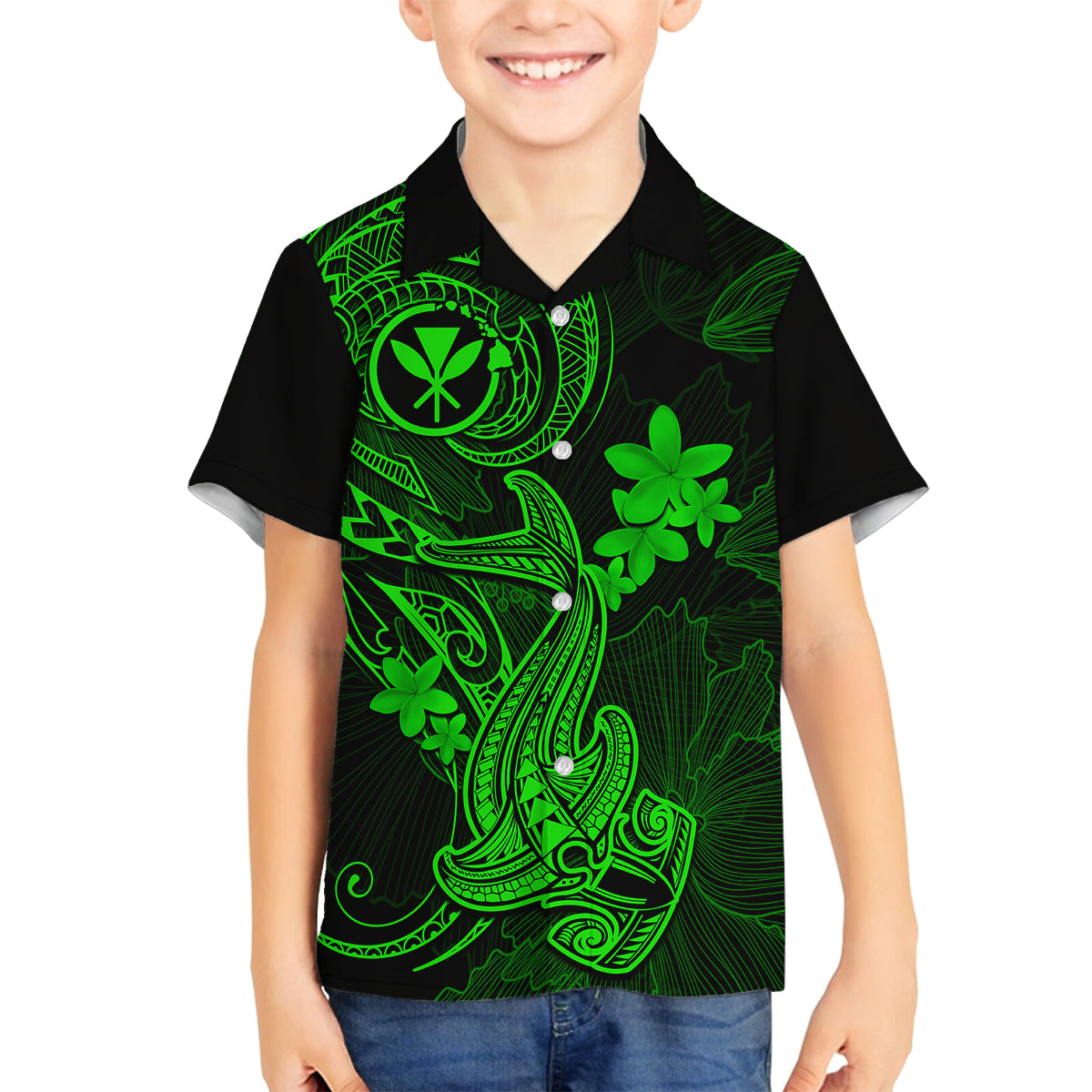 hawaii-kid-hawaiian-shirt-hammerhead-shark-tattoo-mix-polynesian-plumeria-green-version