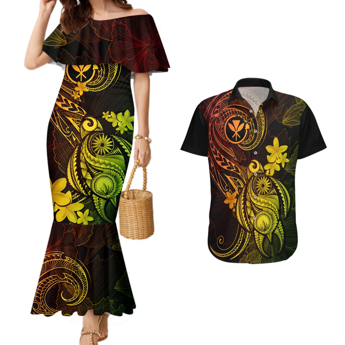 Hawaii Couples Matching Mermaid Dress and Hawaiian Shirt Turtle Mix Polynesian Plumeria Reggae Version LT14 Reggae - Polynesian Pride