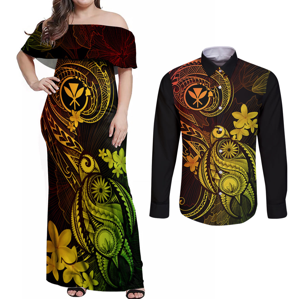hawaii-couples-matching-off-shoulder-maxi-dress-and-long-sleeve-button-shirts-turtle-mix-polynesian-plumeria-reggae-version